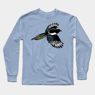 Artwork of an Eurasian Magpie in Flight I Long Sleeve T-Shirt